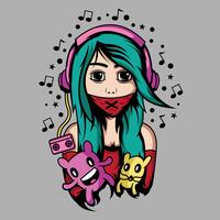 Cute girl with headphone and cute doll vector