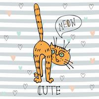 Red funny cat in cute style on striped background. Vector