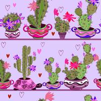 Blooming cacti in funny pots. Seamless pattern. Vector. vector