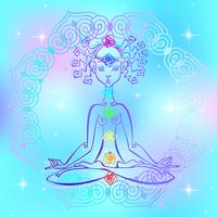 Girl in the Lotus position and chakras of man. Reiki energy. Vector