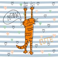 Red funny cat in cute style on striped background. Vector