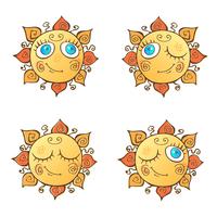A set of cheerful suns in cartoon style. Vector illustration.