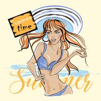 A girl in a swimsuit and a hat on the beach. Summer time. Inscription. Vector.