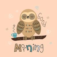 A sleepy owl in a cute style. Good morning. Lettering. Baby shower. Vector