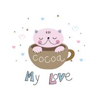 Gato en un estilo lindo que se sienta en una taza. Letras. Cacao. Mi amor. Vector