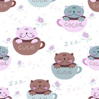 Seamless pattern. Cute kittens sleep sweetly in mugs. Pajama print for children. Vector. vector