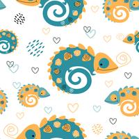 Seamless pattern. Chameleons mother and child. Motherhood. Tropical print. Cute style. Vector