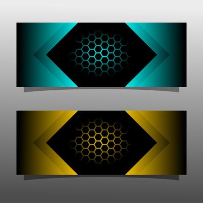 Abstract black banner technology concept design. Glossy gold and blue color