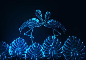 Tropical summer concept with glowing low poly couple of flamingos and monstera leaves on dark blue.