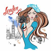 Chica turista con una cámara en londres. Vector