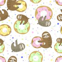 Seamless pattern. Cute sloth with sweet doughnuts. Sweet tooth. Vector