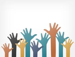 Colorful up hands. Raised hands volunteering. team work concept. paper art and craft style. vector