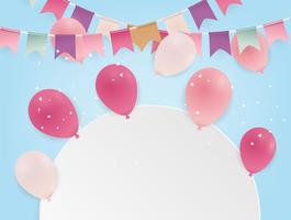 Birthday poster with balloons. Colored flags  and confetti on blue background.  vector