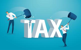 Man destroying the word tax with a hammer. vector illustration