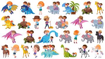 Conjunto de niños montando animales. vector