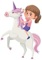 Una niña montando unicornio vector