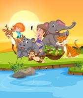 Girls playing with wild animals vector