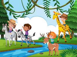 Children riding animal in nature vector