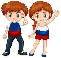 Lindo niño y niña agitando las manos vector