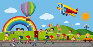 Many children playing in the park vector