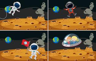Cuatro escenas espaciales con astronautas volando. vector