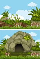 Two background scenes with cave and log vector