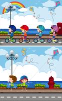 Two scenes with kids riding bike and playing kite vector