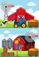 Dos escenas con tractor y espantapájaros en las granjas. vector