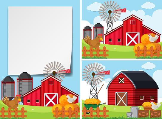 Three scenes with barns and chickens