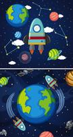 Dos escenas de tierra y naves espaciales en el espacio. vector