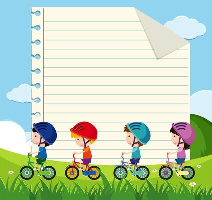 Paper template with kids cycling in the park