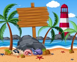 Wooden sign on the beach with starfish and hermit crabs vector