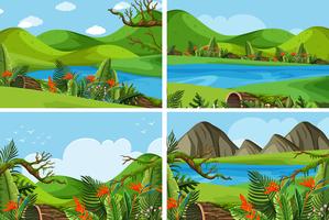 Cuatro escenas con montañas y lago. vector