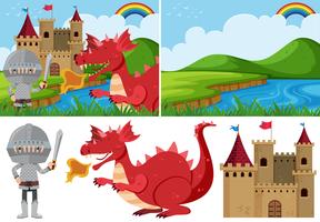 Different fairytale scenes with knight and dragon vector