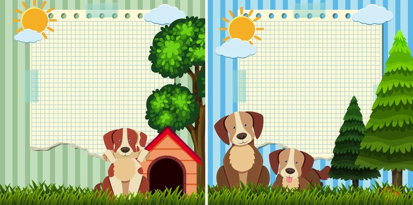 Two paper template with cute dogs in the park