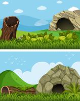 Two scenes with cave in the field vector