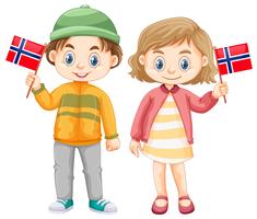 Niño y niña sosteniendo la bandera de Noruega vector