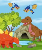 Grupo de dinosaurios en la naturaleza. vector