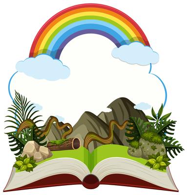 Storybook with mountain and rainbow