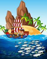 Scene with pirate ship and fish in the sea vector