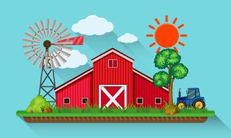 Big red barn and blue tractor vector