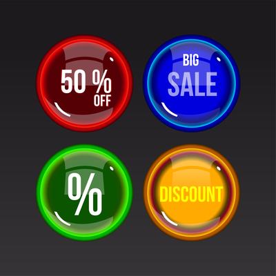Colorful sales glossy buttons on dark background