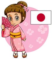 Chica japonesa con kimono rosa y bandera de Japón. vector