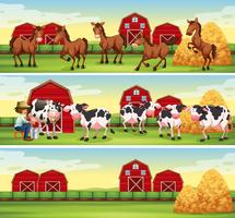 Scenes in the farm with farmer and animals vector