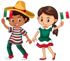 Feliz niño y niña sosteniendo la bandera de México vector