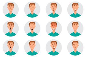 Conjunto de emociones faciales masculinas. Personaje de hombre emoji con diferentes expresiones. vector