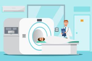 doctor standing and man lying down for x-ray with MRI scanner machine vector