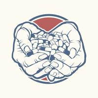 Two cupped hands holding handful, pile of colorful pills, tablets, medicine, sketch style vector illustration