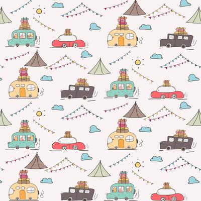 Camping Car Vector Pattern Background.