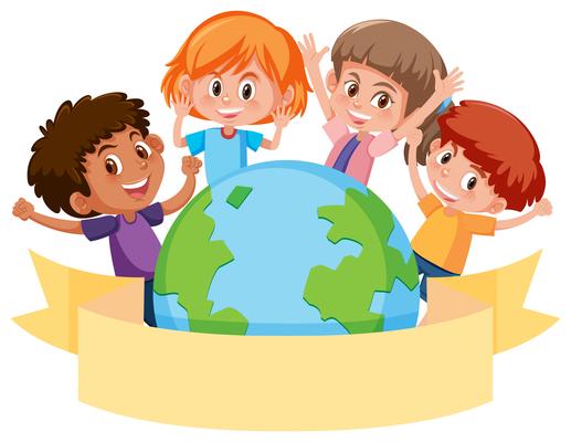 Children around a globe with banner